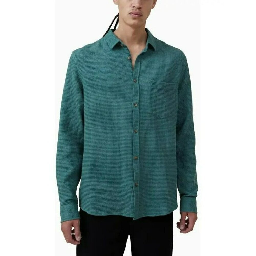 Zara Mens Green Waffle Shirt Button Down Long Sleeve Workwear Casual Size L